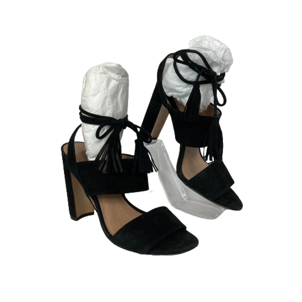 Madewell Sandals Womens Sz 6.5 Black Suede Strap‎ Slingback Wrap Tassel Heel